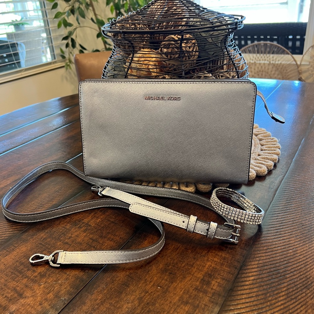Michael Kors Metallic Silver Saffiano Leather Clutch Crossbody - FREE BRACELET